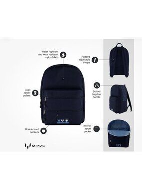 Messi Lifestyle Backpack, Bookbag WPockets & Adjustable Straps, Dark Blue, New